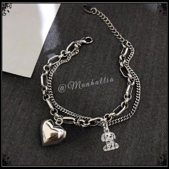925 SILVER PUPPY LOVE DOG HEART CHARMS DOUBLE LINK CHAIN TRINKET BRACELET - Picture 2 of 4